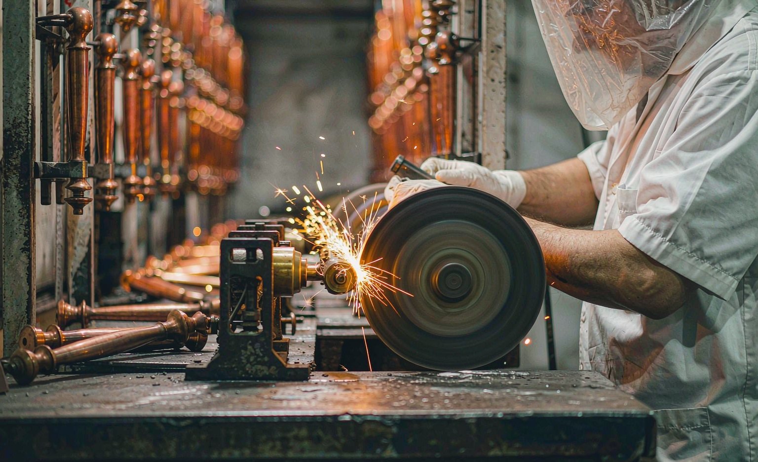 Craftsperson polishing a cast bronze casket handle at a buffing station